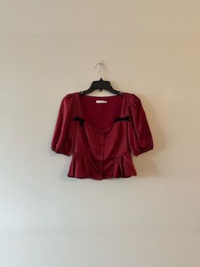 NEW Lush Wine Red Peplum Bow Sweetheart Coquette Edwardian Blouse S Romantic

Ne